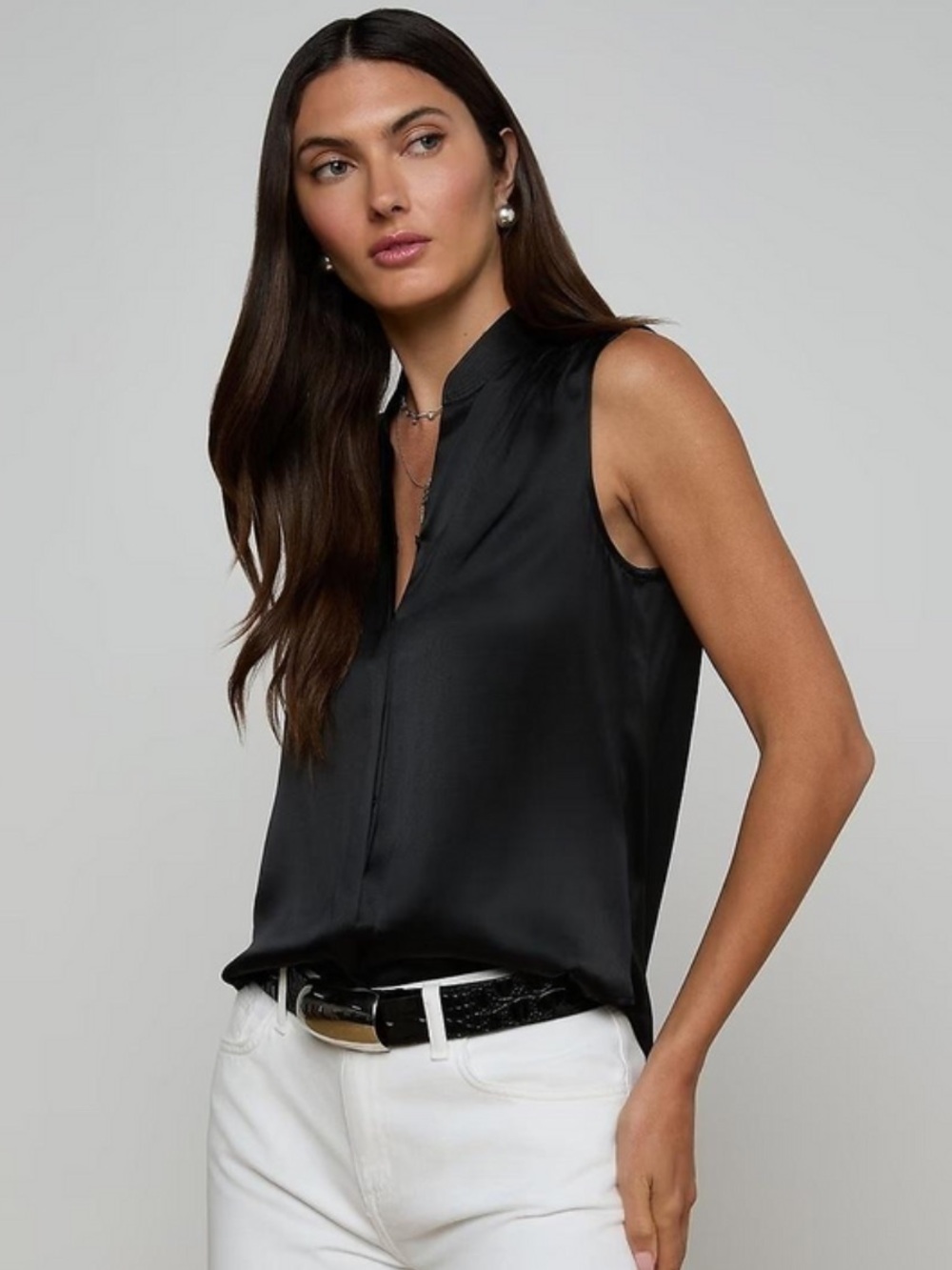 L'AGENCE Phoebe 100% Silk Sleeveless V-Neck Blouse - Black Large